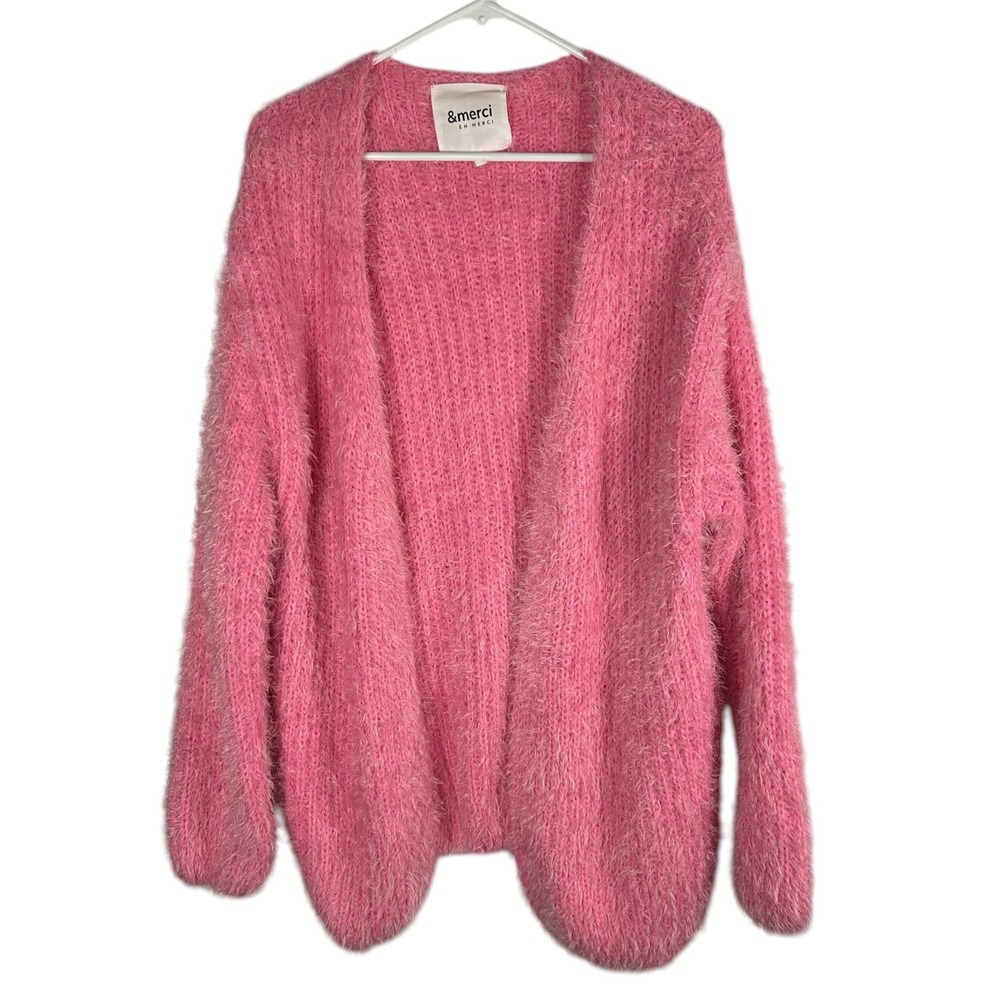 &merci En Merci Pink Fuzzy Eyelash Knit Open Front Cardigan Sweater Medium